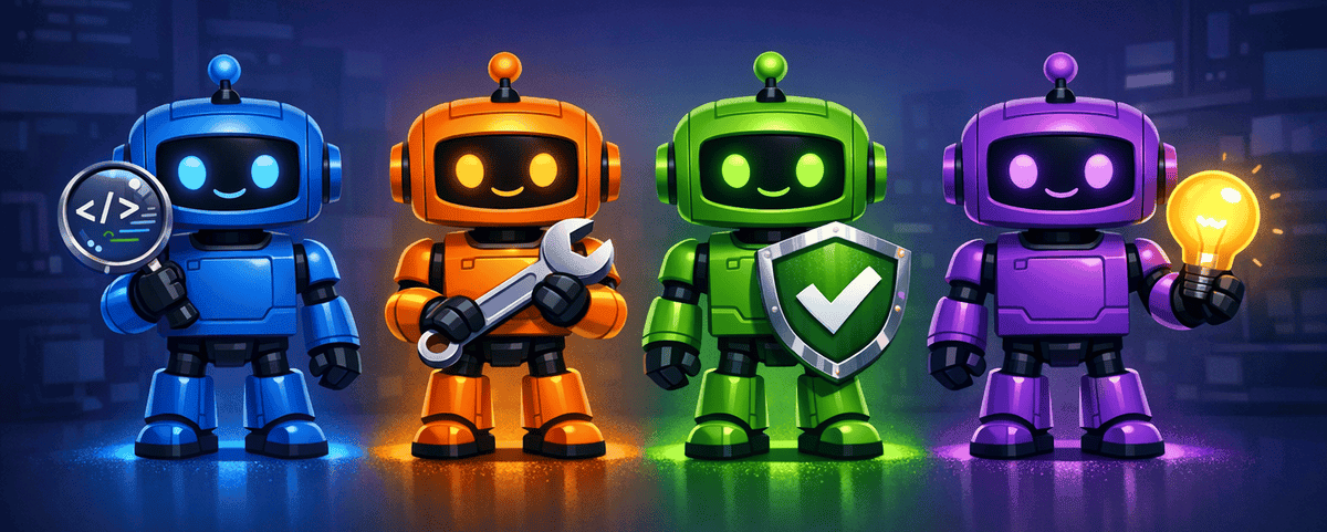 Four colorful AI robots standing together, each with different tools representing specialized agent capabilities
