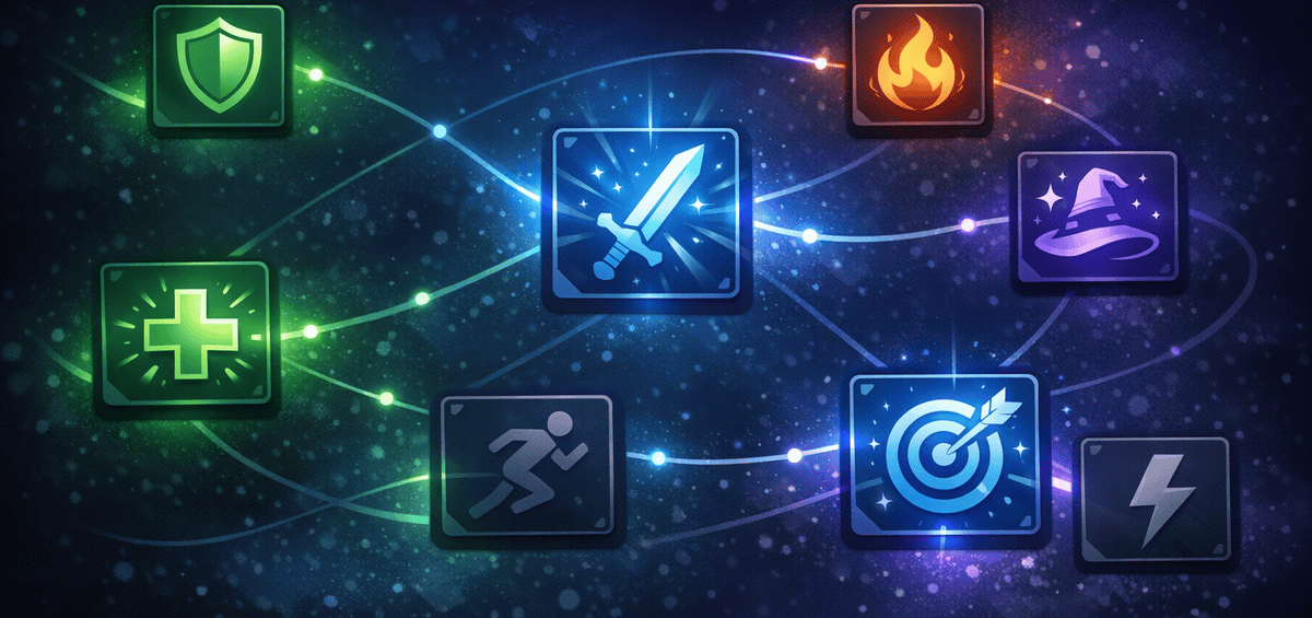 Glowing RPG-style skill icons connected by light trails on a starfield background representing Copilot skills