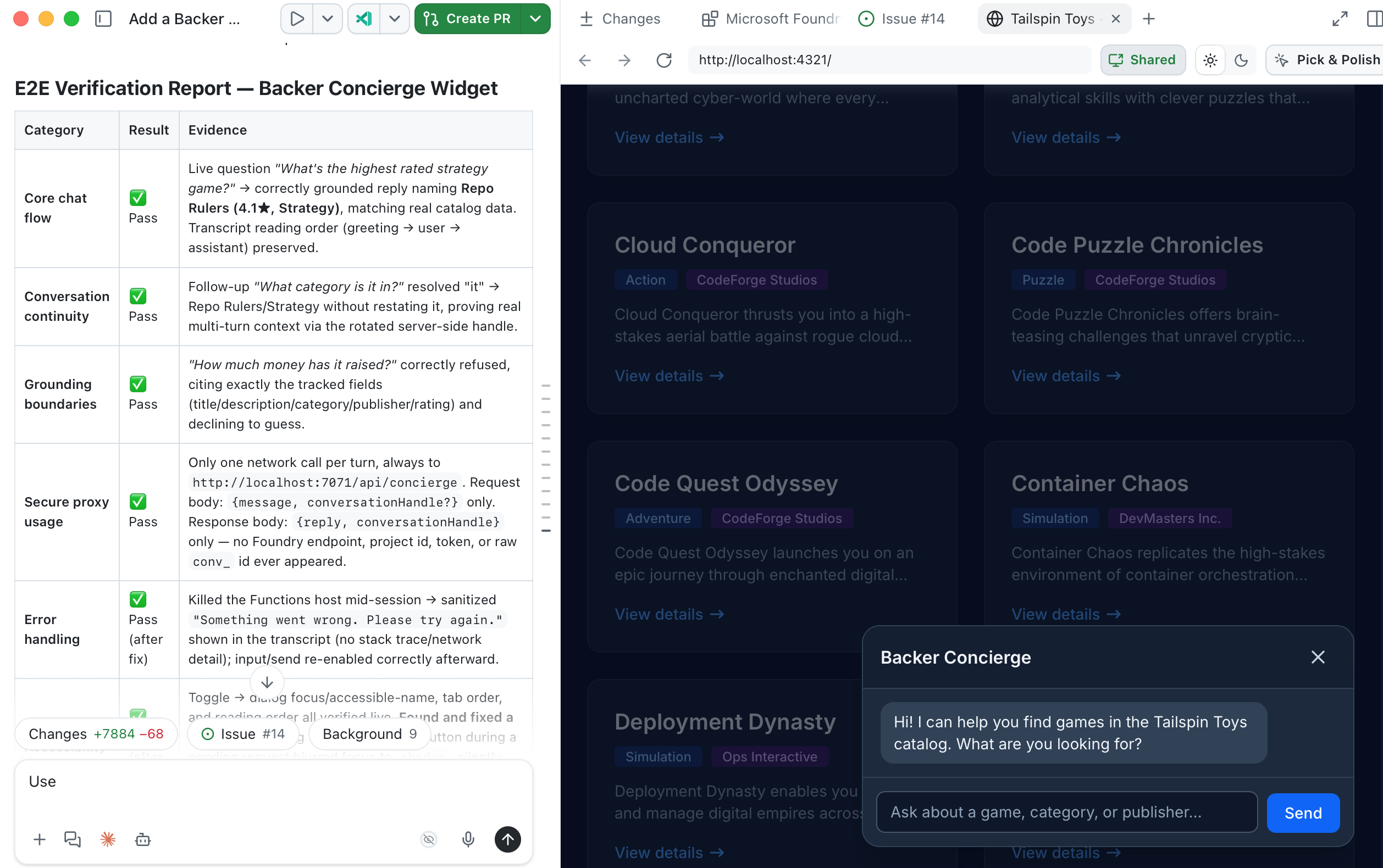 End-to-end test results for the Backer Concierge widget