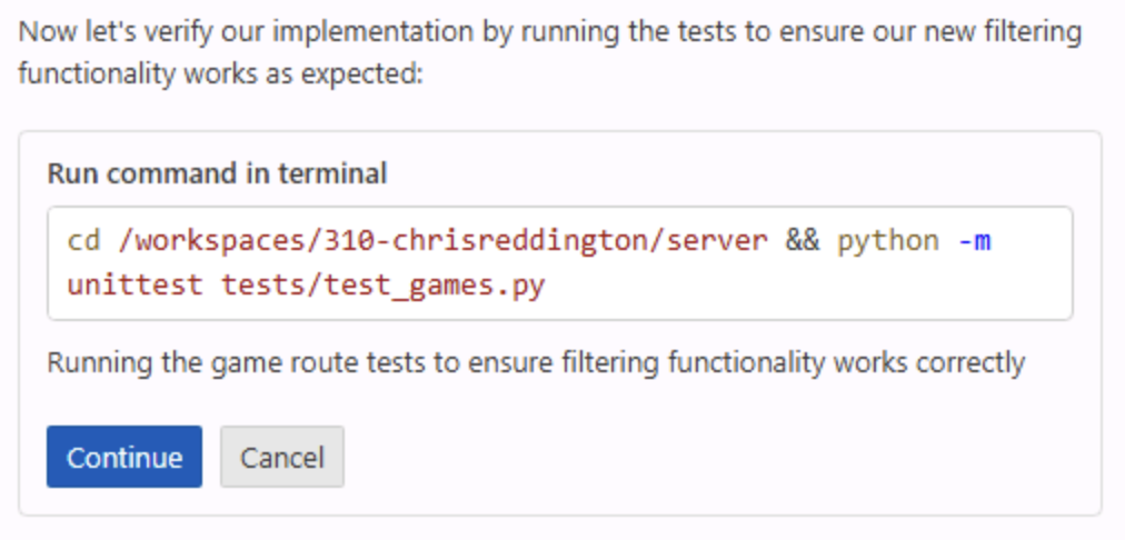 Screenshot showing a dialog in the Copilot Chat pane asking the user to confirm they are happy to run tests